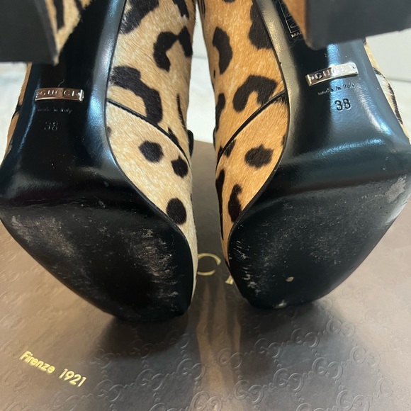 AUTH GUCCI Horsebit Pony Hair Leopard Animal Print  Ankle Boots - Tan/Black 38 - Picture 3 of 9